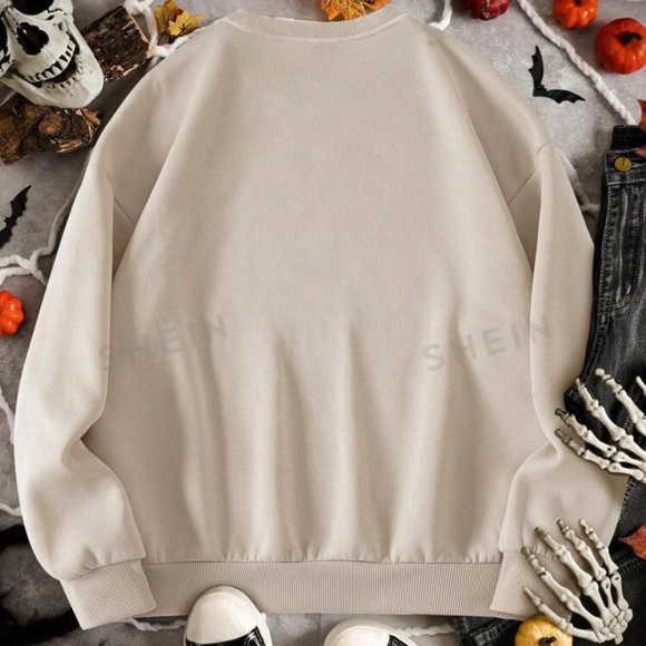 New Plus Halloween Black Cat Orange Pumpkin Print Thermal Lined Cream Sweatshirt - Picture 2 of 11